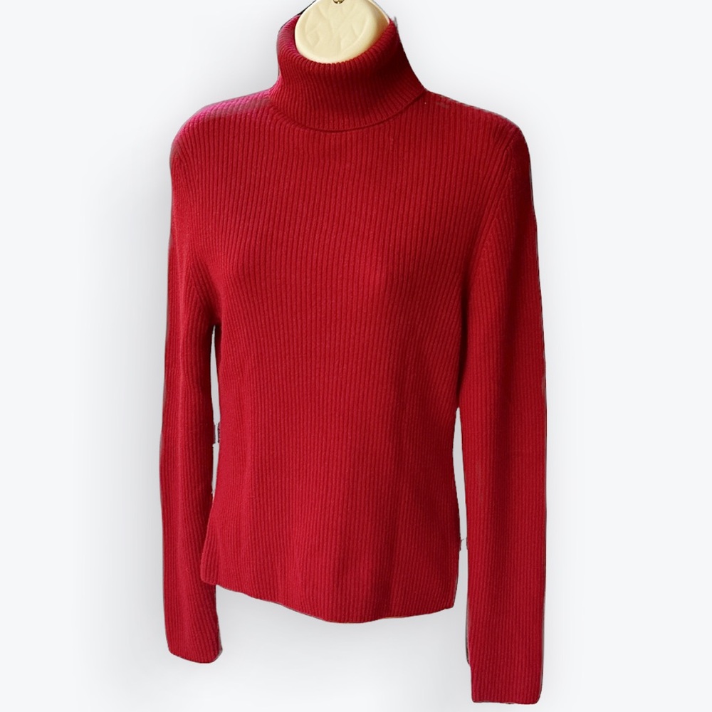 Classic Capsule Minimalist Dark Red Oxblood Cashmere Turtleneck Knit Sweater ~ L